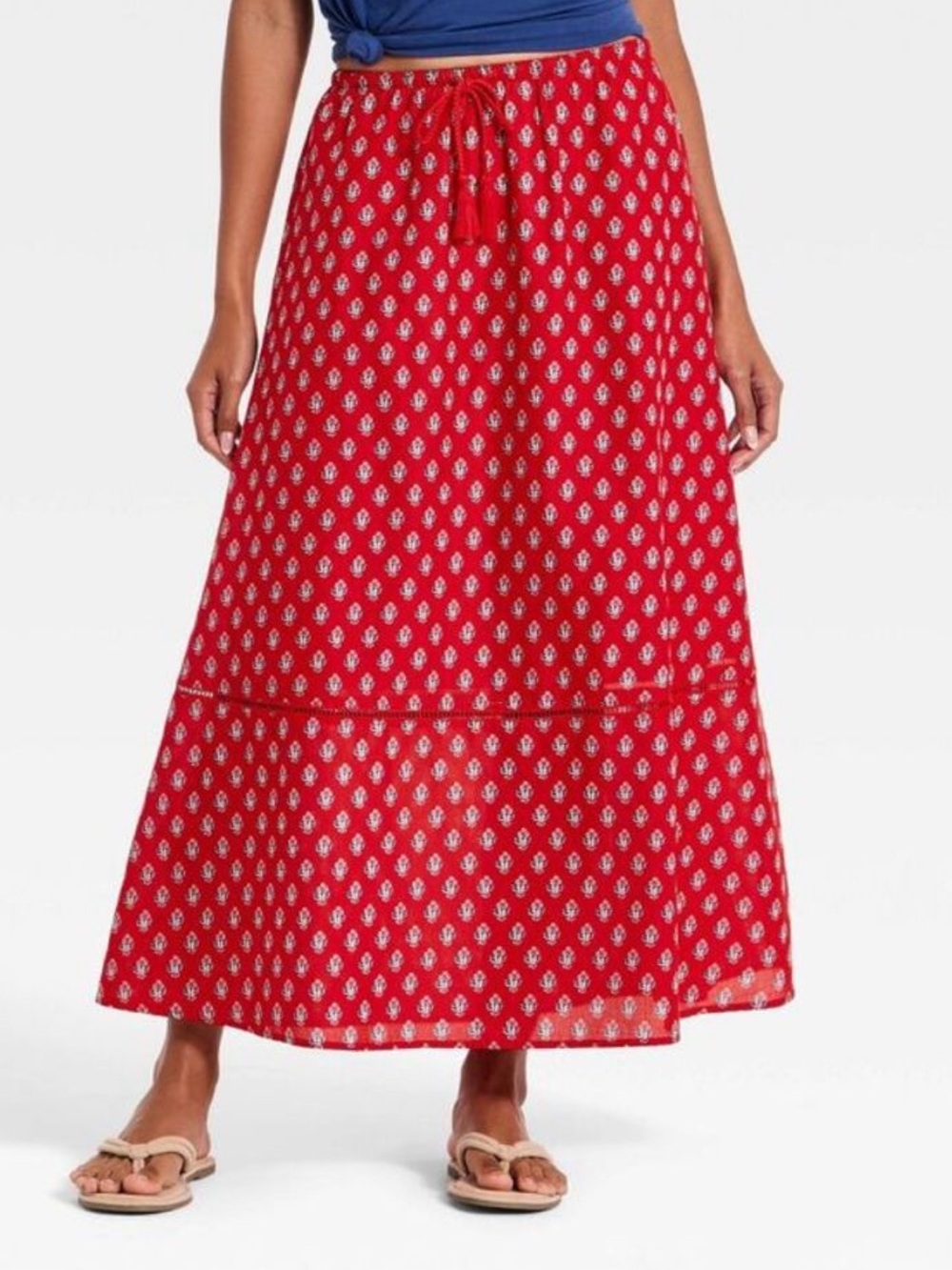 Universal Thread Red Printed Maxi Skirt with Tassel Drawstring